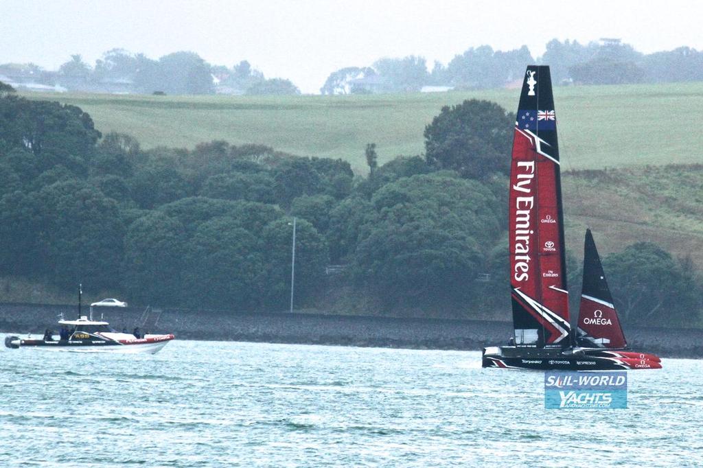 Emirates Team NZ’s chase boat pacing the AC50 in 4-6kts of wind - Day 1 - Emirates Team New Zealand - February 14, 2017 © Richard Gladwell www.photosport.co.nz